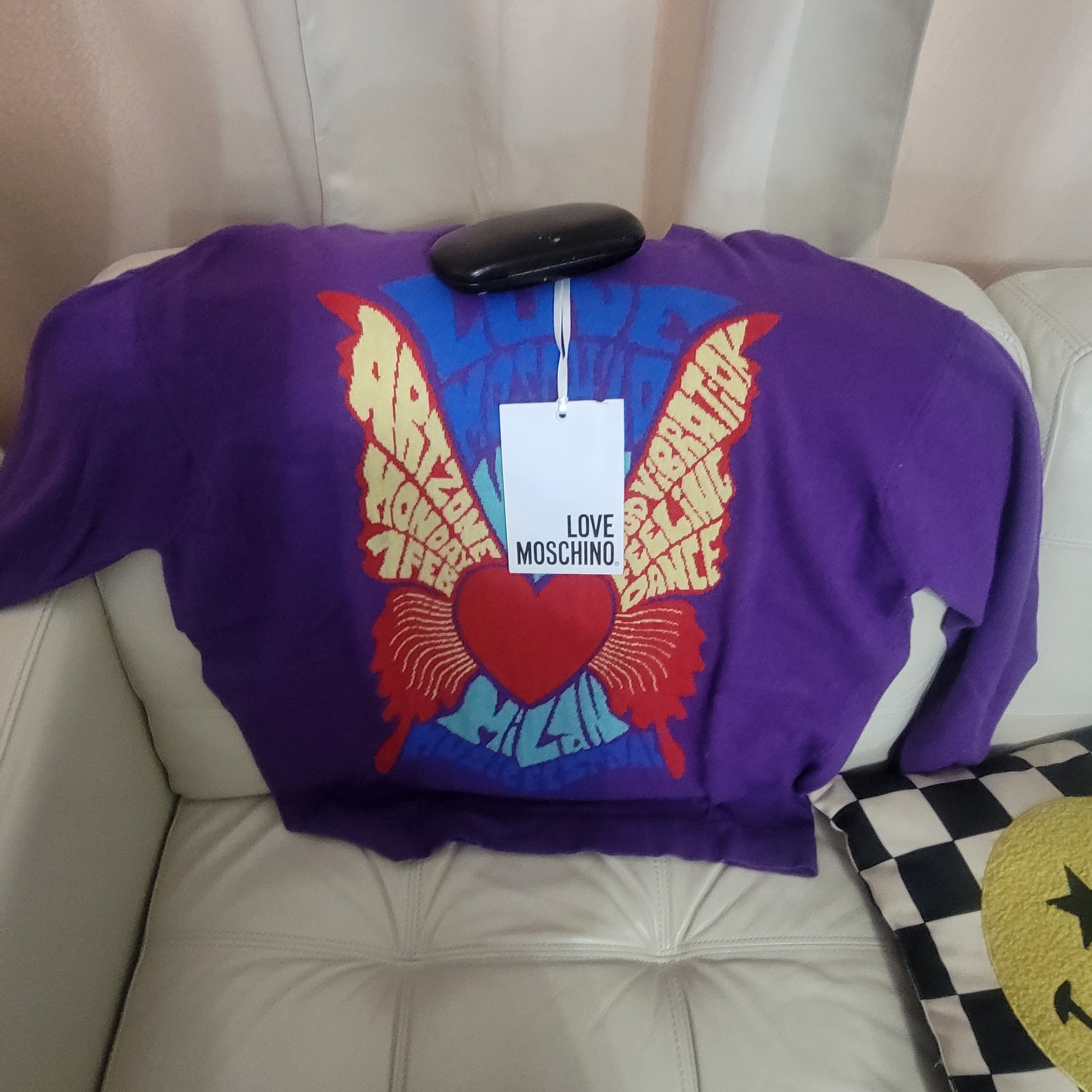 Love Moschino Womens Purple Sweater With Red And Blue Graphic Heart